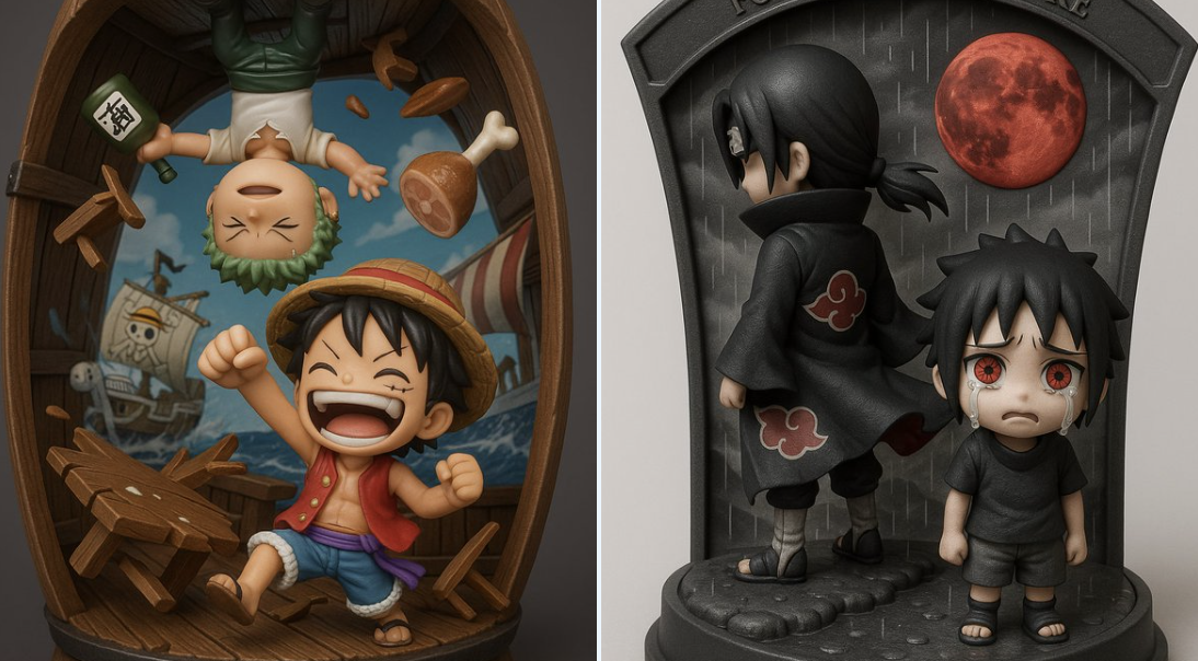 Highly detailed 3D-rendered chibi figurine diorama of and , captured in a , inside a with . The background features ,…