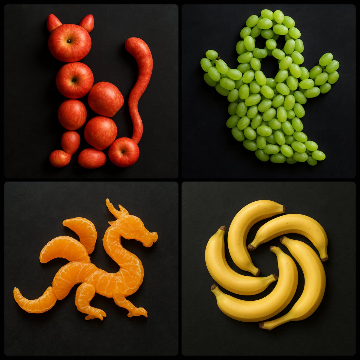 Create an image by arranging of strategically on a dark surface to form the shape of