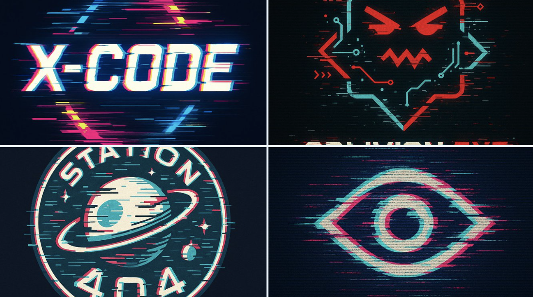 A bold vector logo design in glitch art style, featuring distorted typography with RGB color channel shifts, fragment…