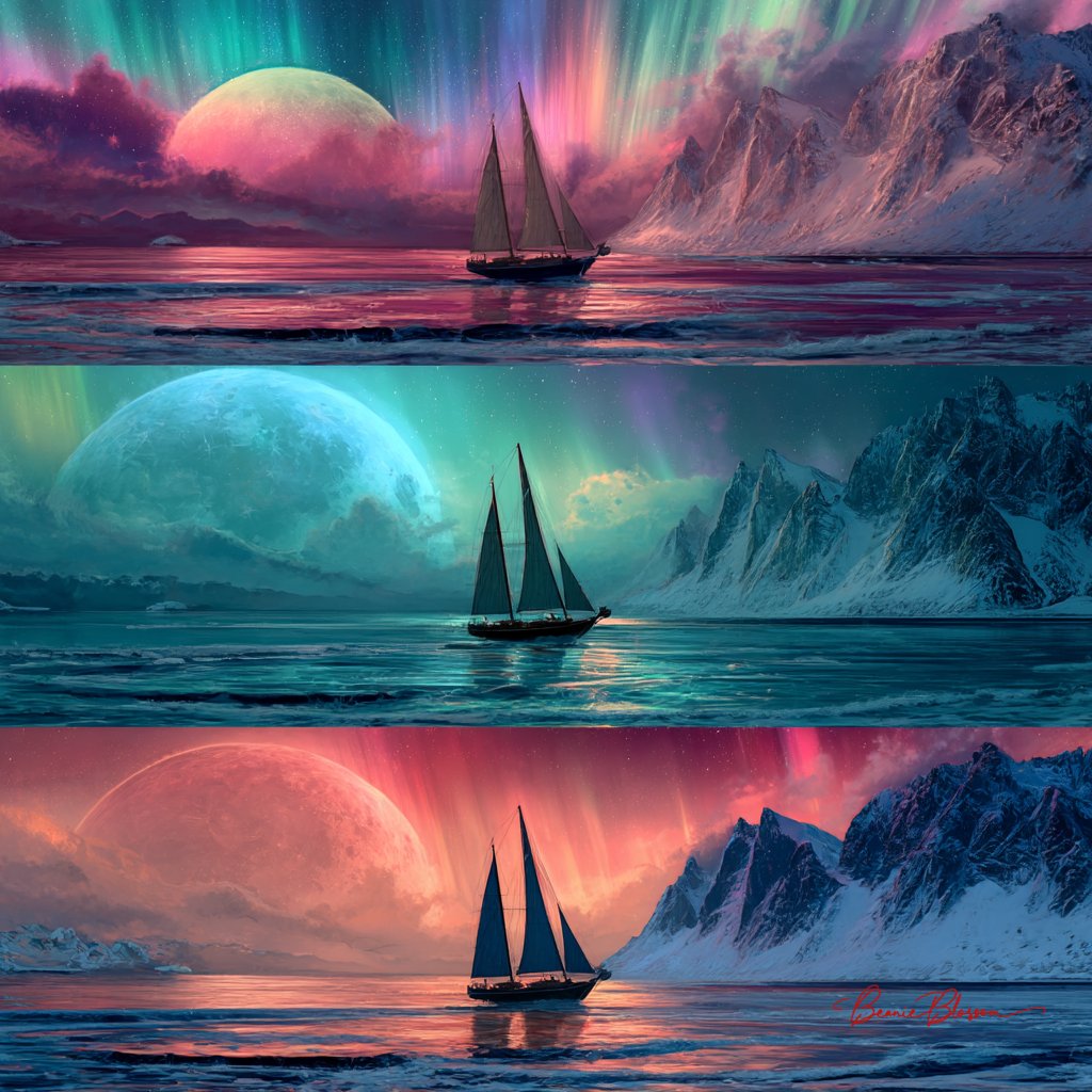 Three different fantasy sailboats in the ocean, multiple scenes of beautiful aurora borealis and colorful moons with…