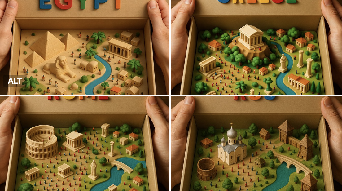 An ultra-realistic top-down photograph of a 3D-printed diorama inside a beige cardboard box, with the lid being held…