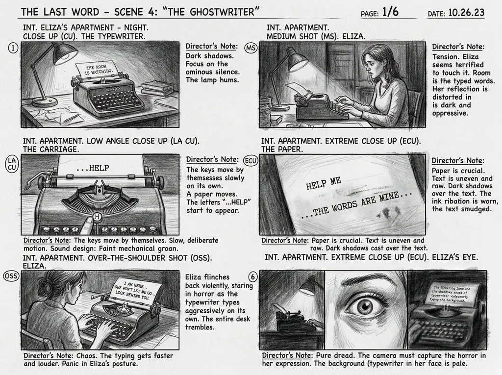 Six-Panel Cinematic Storyboard Sketch