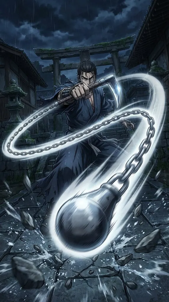 Kusarigama Warrior Dynamic Battle Scene Prompt