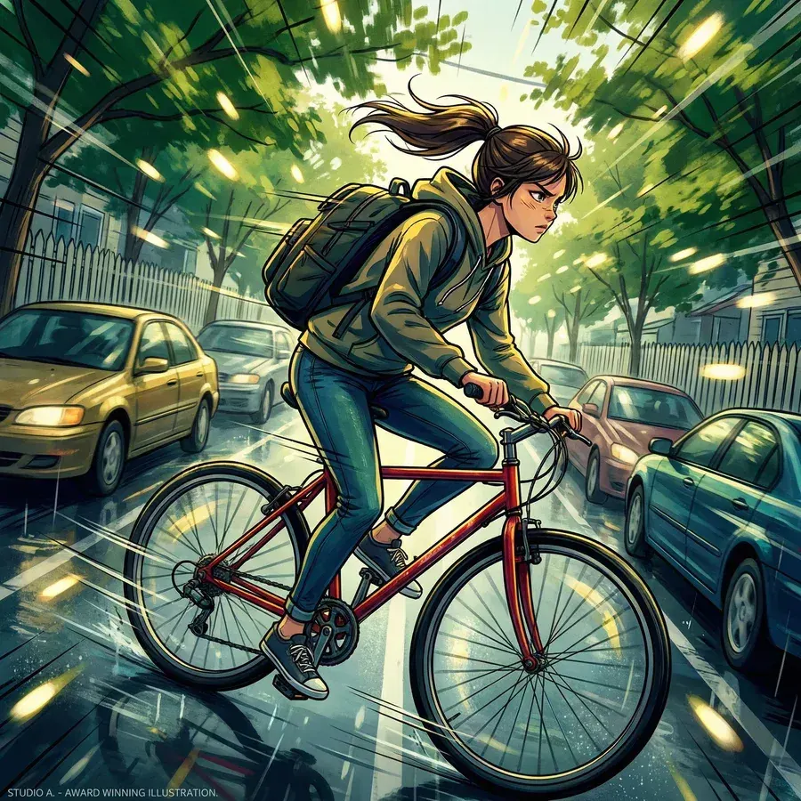 Girl Cycling City Illustration