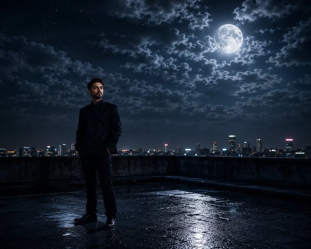 Cinematic Moonlight Rooftop Portrait Collage