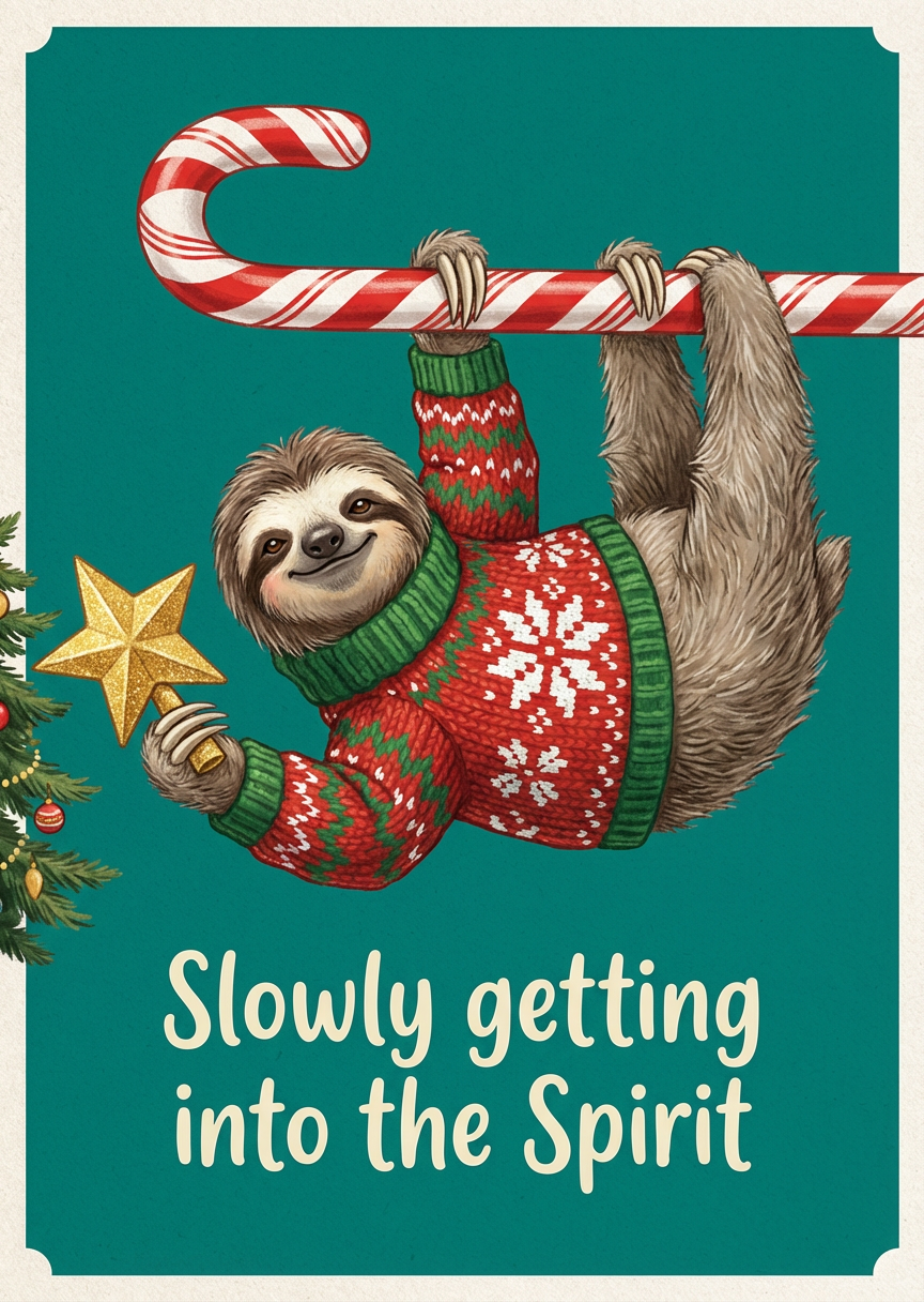 Sloth Hanging from Candy Cane Christmas Card