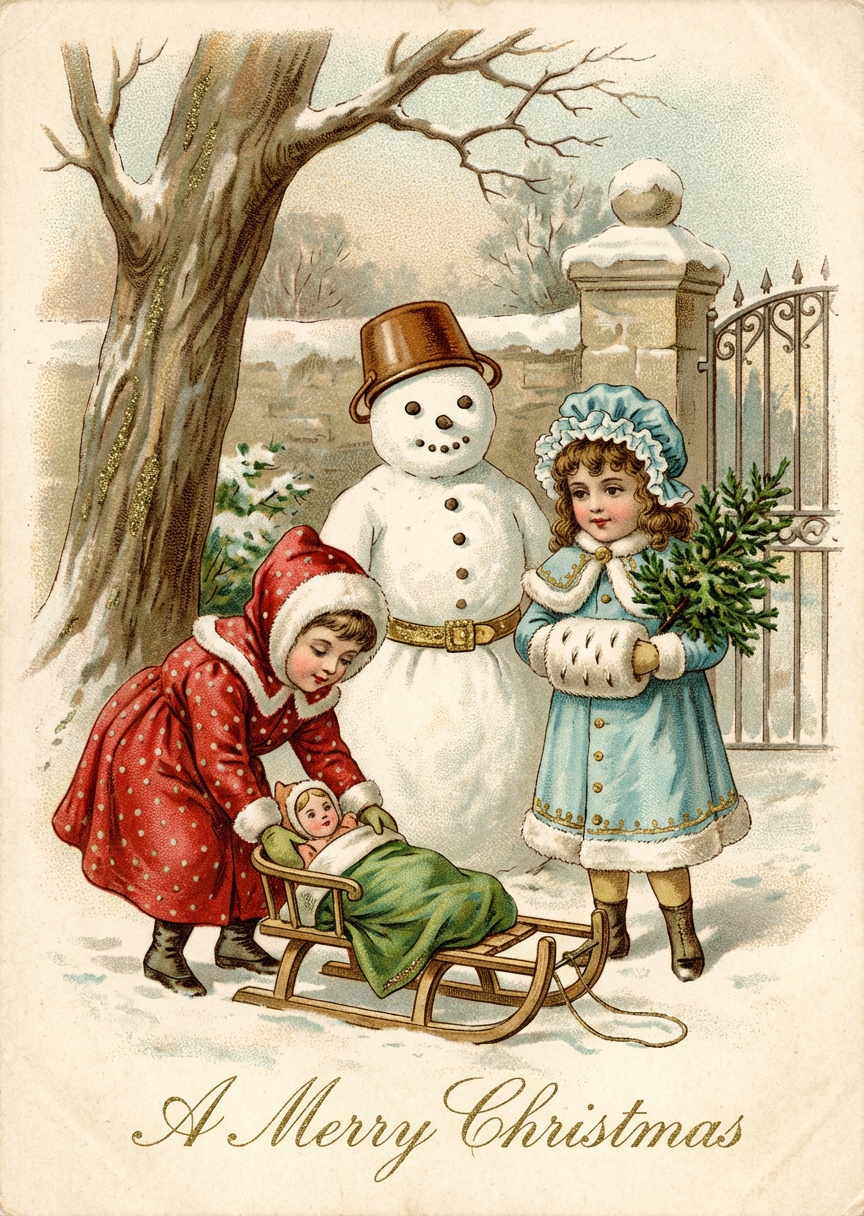 Victorian Children and Snowman