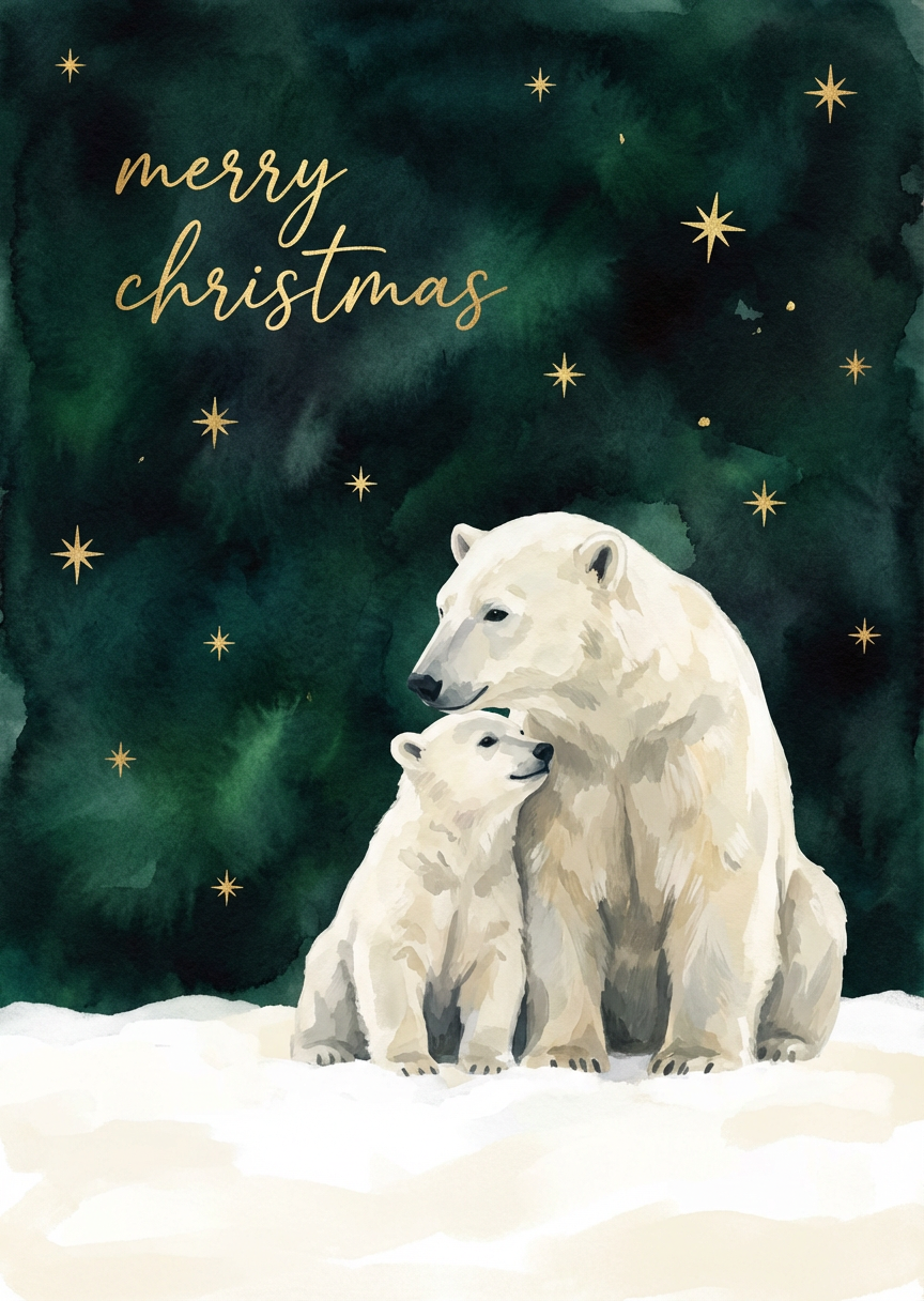 Watercolor Polar Bear Mother and Cub