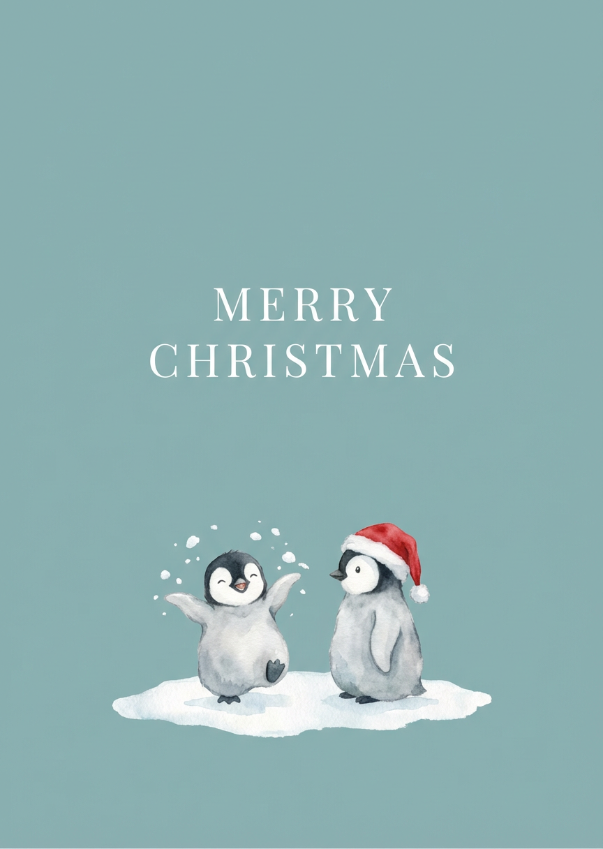 Cute Watercolor Penguins in Snow