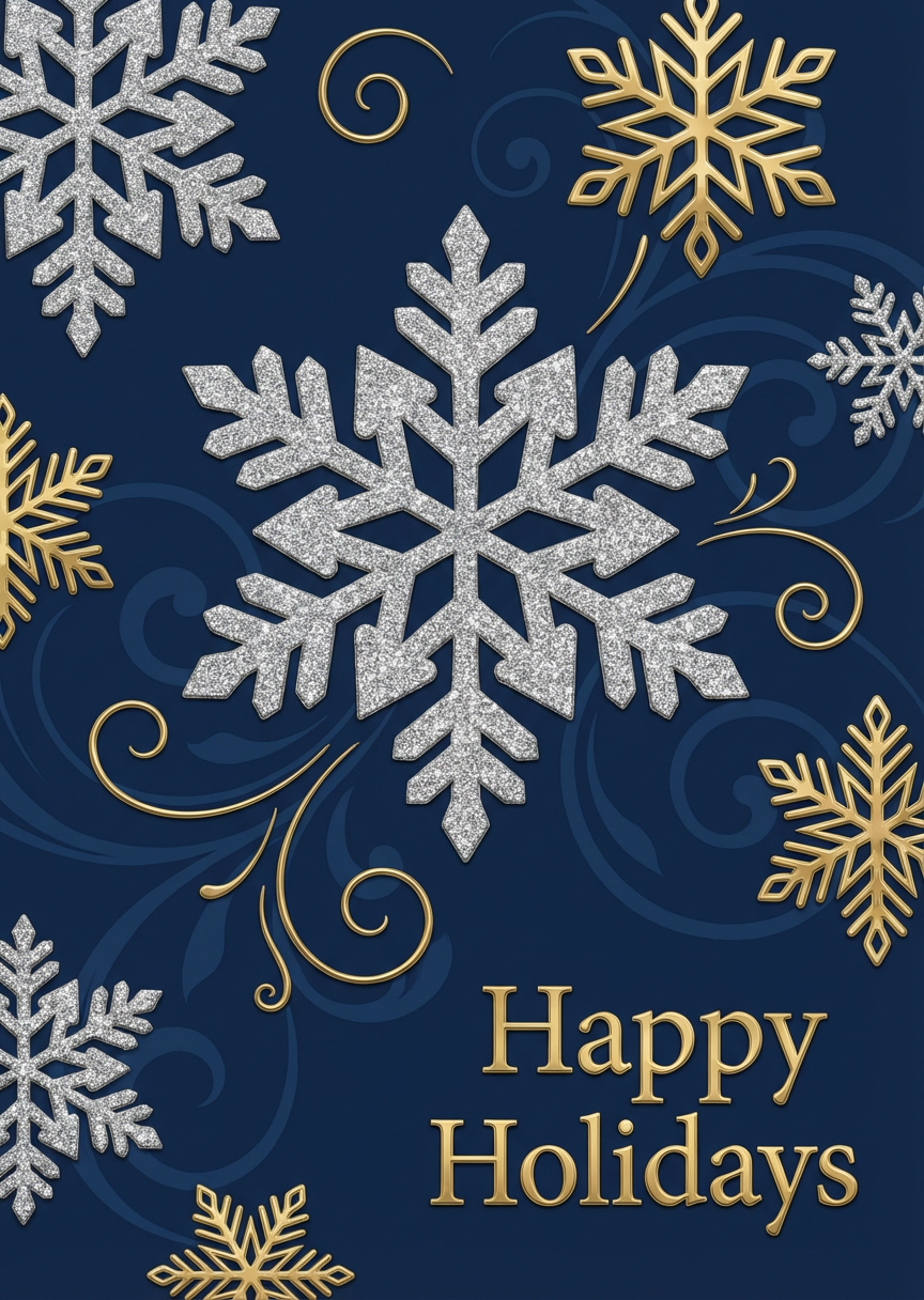 Navy Blue and Silver Glitter Snowflakes