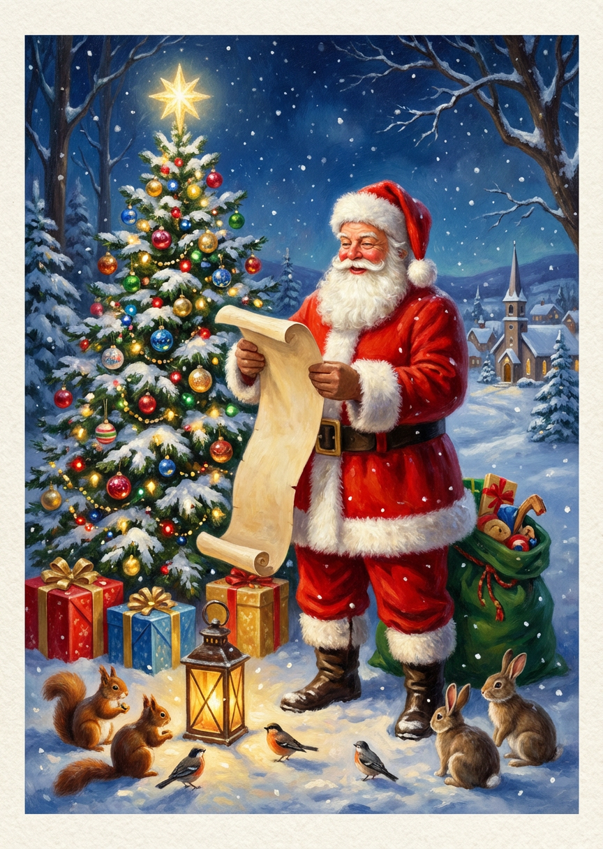 Classic Painterly Santa and Woodland Animals