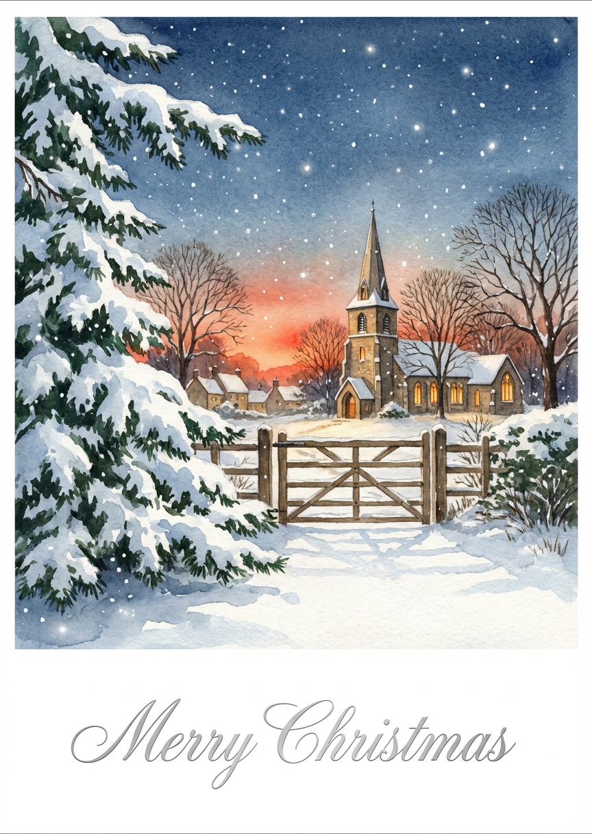 Vintage Watercolor Winter Village Church