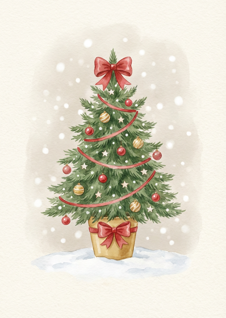 Elegant Watercolor Potted Christmas Tree