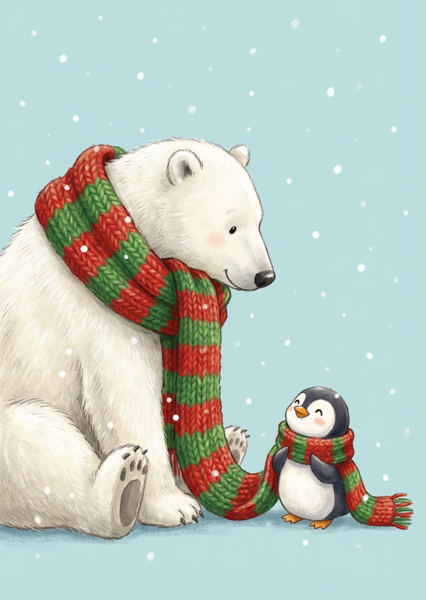 Polar Bear and Penguin Scarf Christmas Card