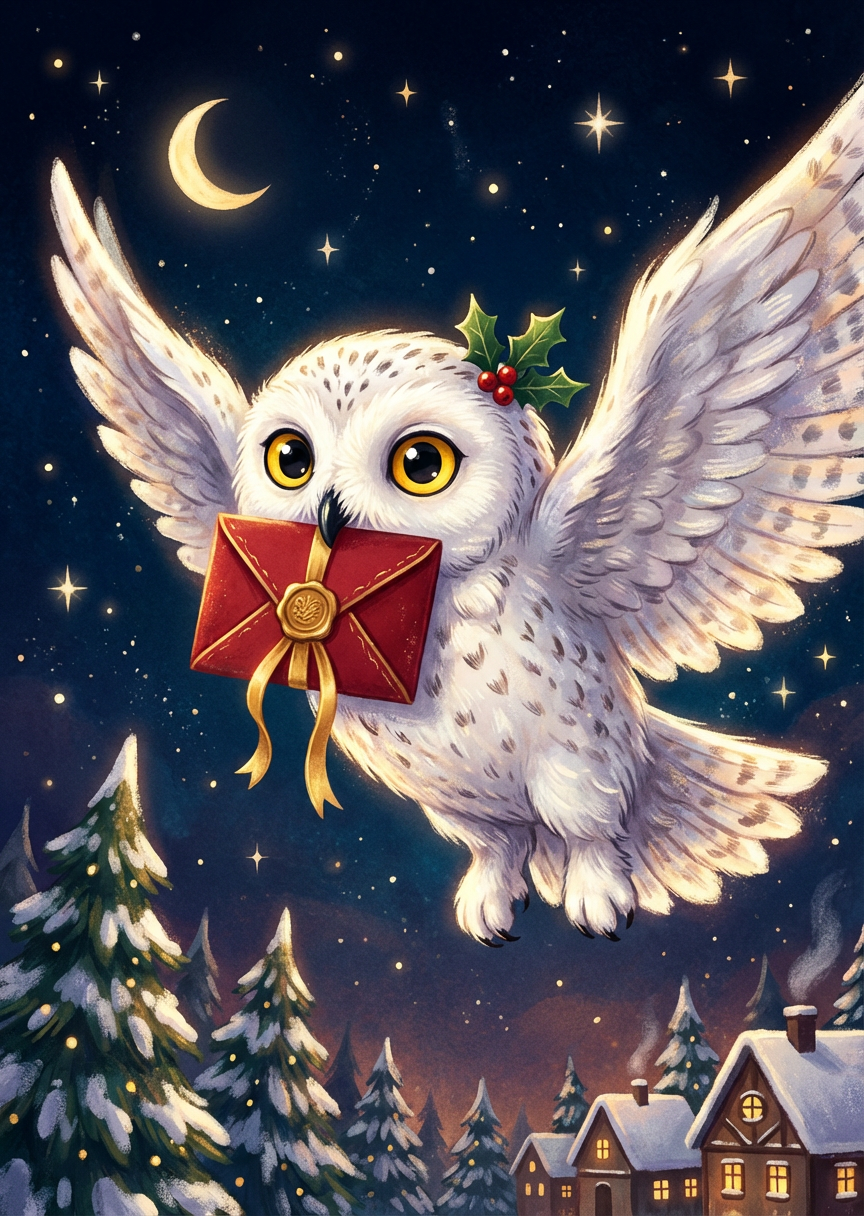Magical Snowy Owl Delivering Mail