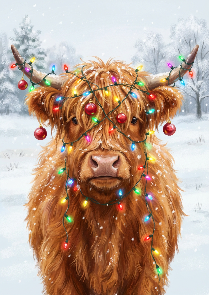 Fluffy Highland Cow with Christmas Lights