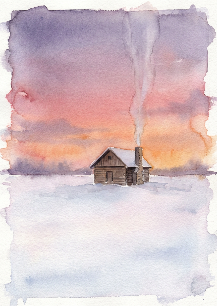 Watercolor Snowy Cabin Landscape