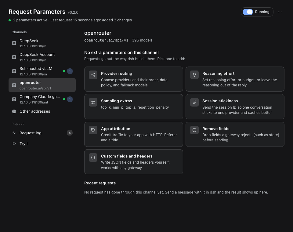 Provider routing on the openrouter channel: DeepSeek is flagged because it does not serve the previewed model and the page warns that requests would fail; previewing a model DeepSeek serves clears the warning; then save, and a channel's recent requests show what was added