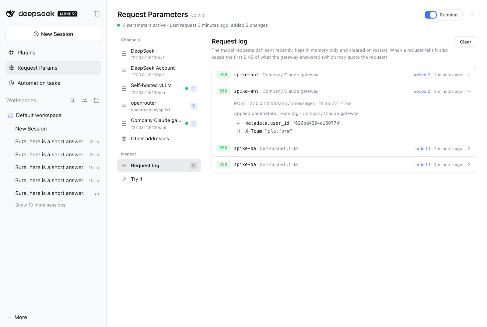 Request log: each model request with its status, the channel it went through, and how many fields were added; one is open to show the parameter that applied and the fields it set