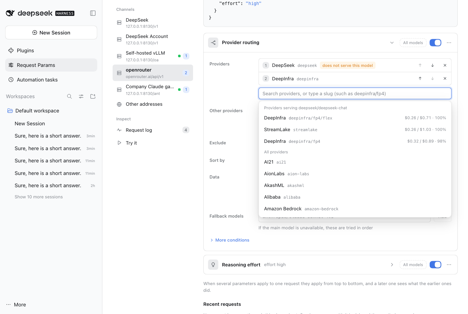 Provider routing: the provider list with DeepSeek flagged as not serving the previewed model, and the provider search listing the providers that serve it with price and uptime