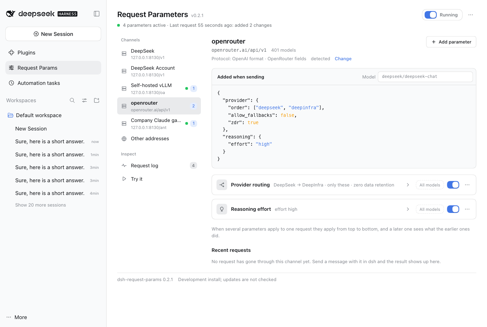 The openrouter channel: the JSON its parameters add to each request, and two parameters, provider routing and reasoning effort, each summarized in one line