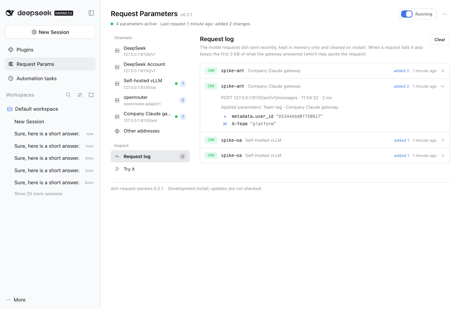 Request log: each model request with its status, the channel it went through, and how many fields were added; one is open to show the parameter that applied and the fields it set
