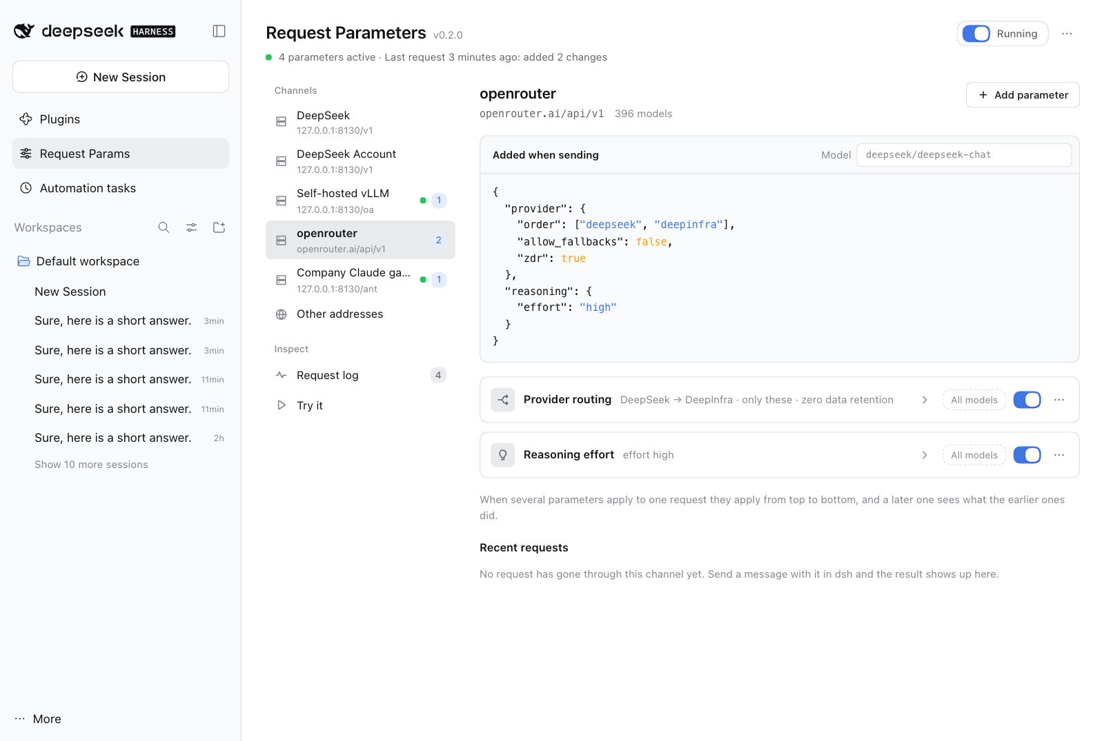 The openrouter channel: the JSON its parameters add to each request, and two parameters, provider routing and reasoning effort, each summarized in one line