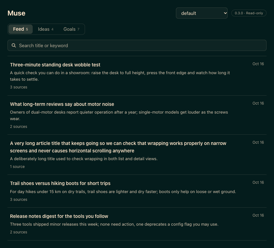 Muse overview with Feed article list