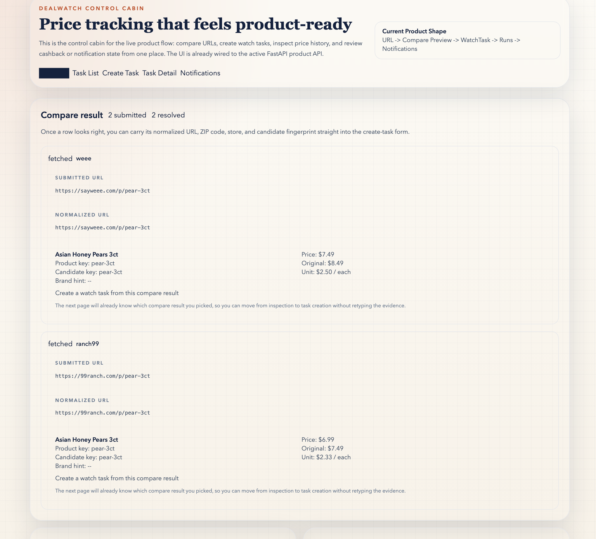 DealWatch Compare Preview showing supported URLs, normalized results, and match scores from the public sample fixture