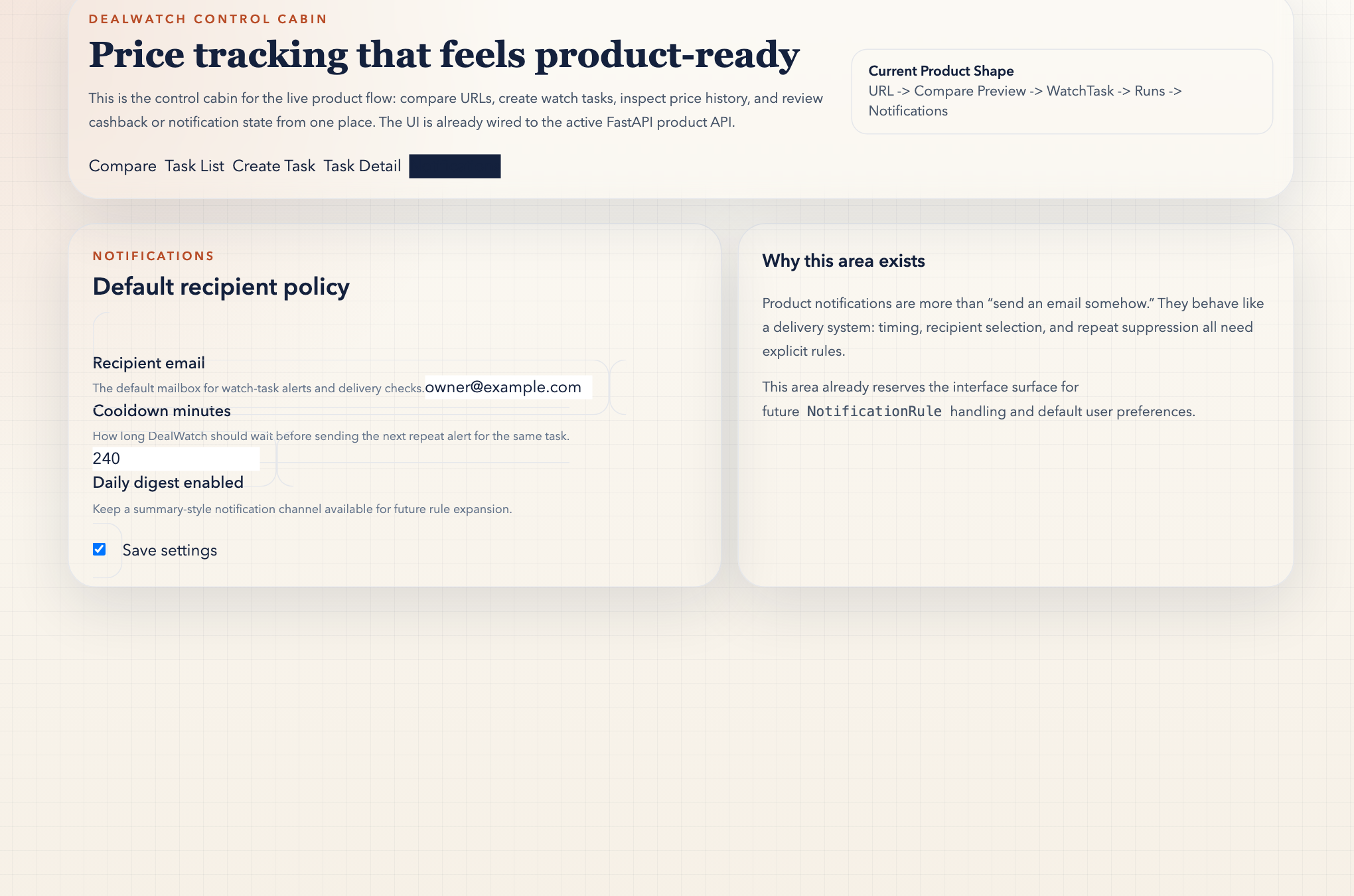 Notification settings screen showing recipient and cooldown policy
