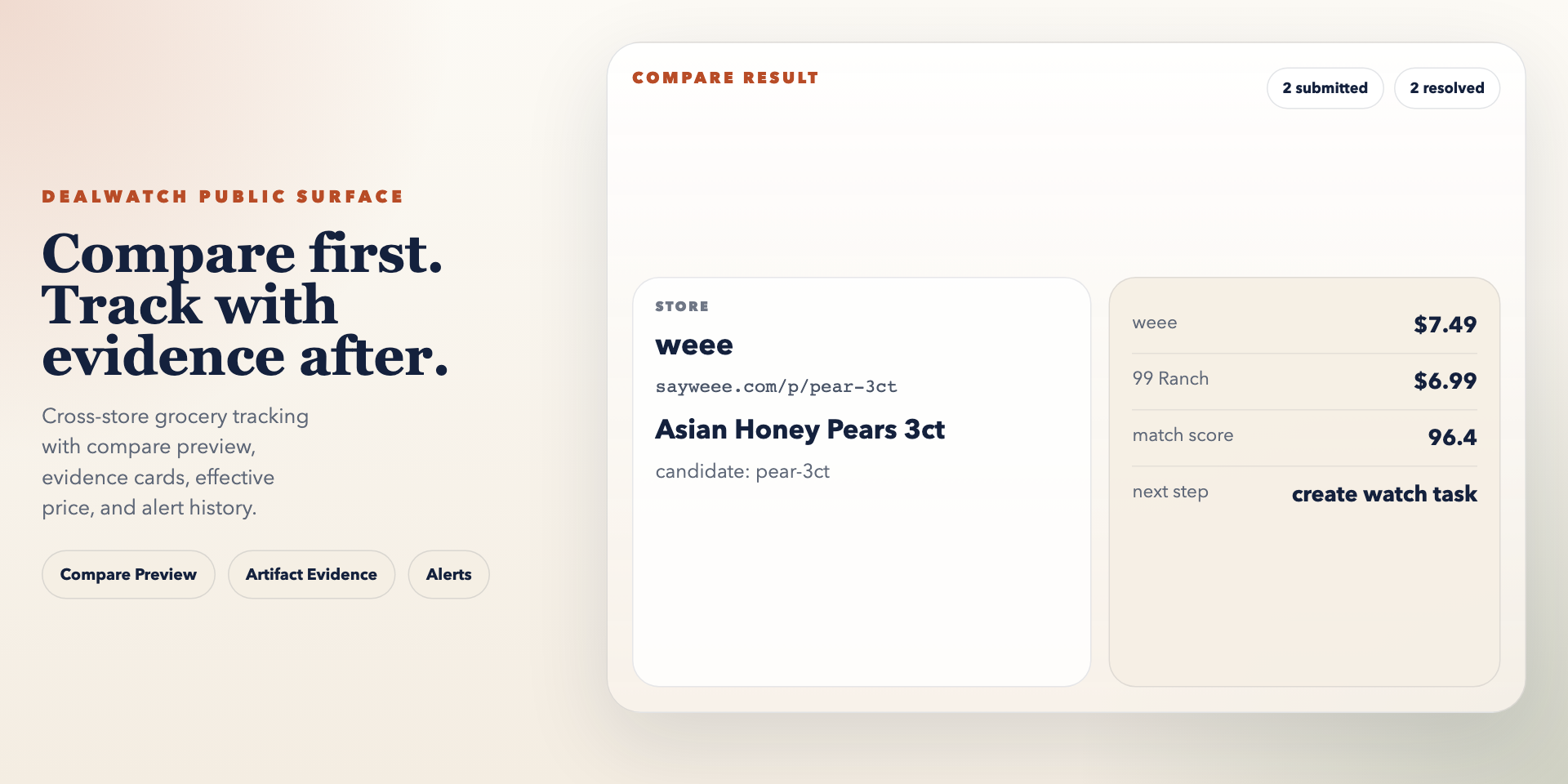 DealWatch control cabin brand bridge showing compare preview, artifact evidence, and notification surfaces