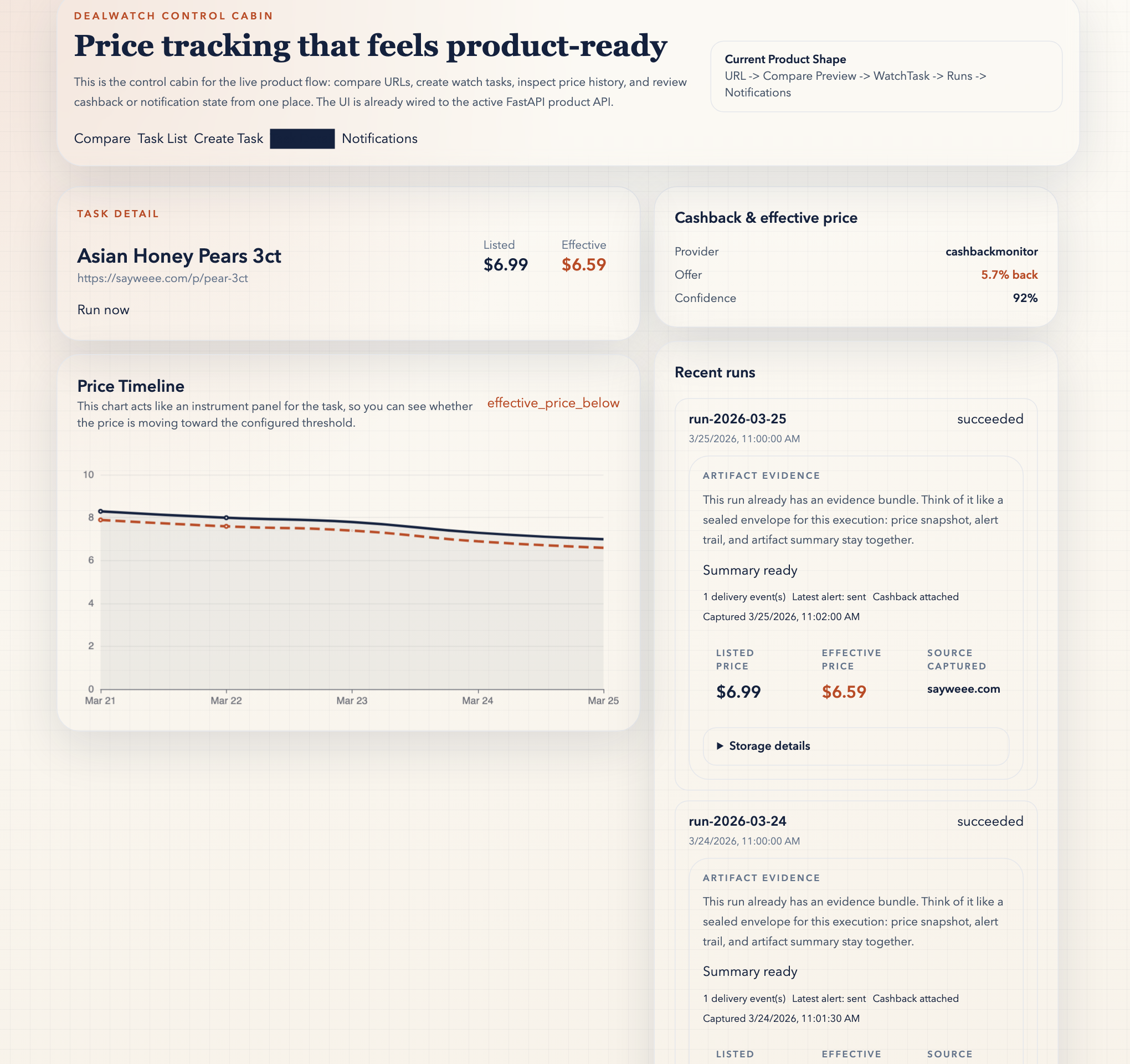 Task detail screen showing price history and artifact evidence cards