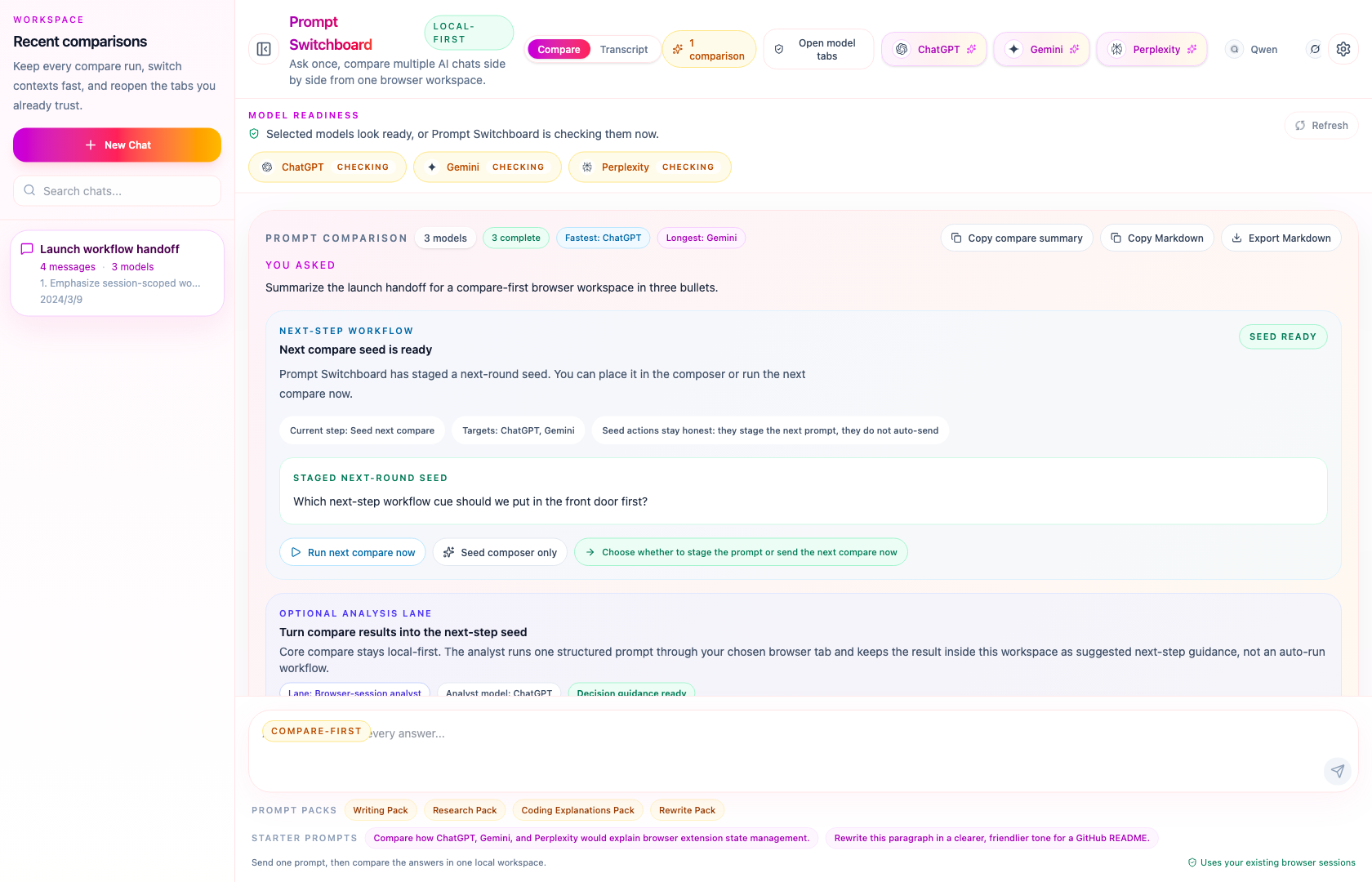 Prompt Switchboard hero showing one prompt and multiple AI answers side by side.