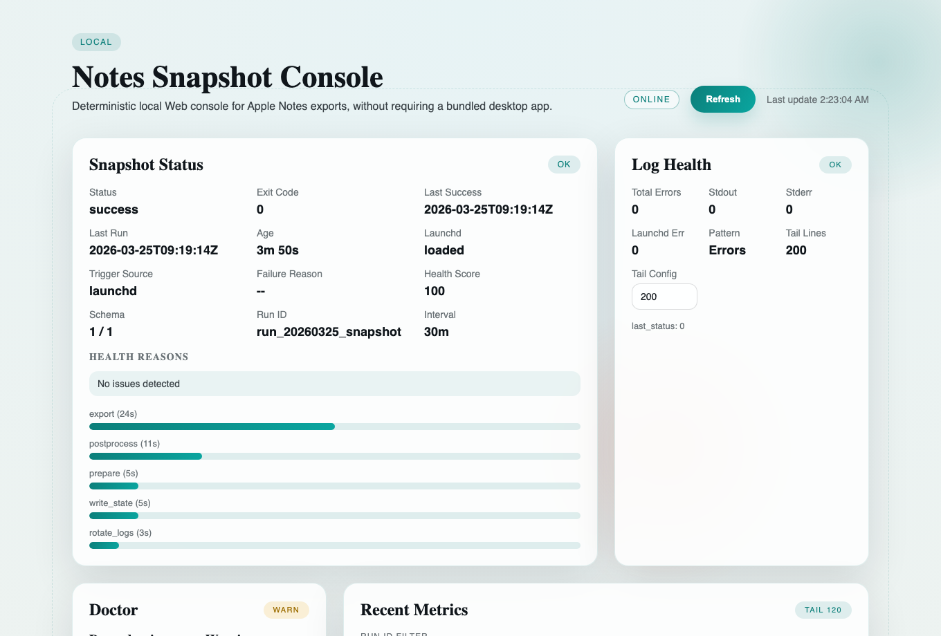 Apple Notes Snapshot Web console showing run health, scheduler status, and quick actions