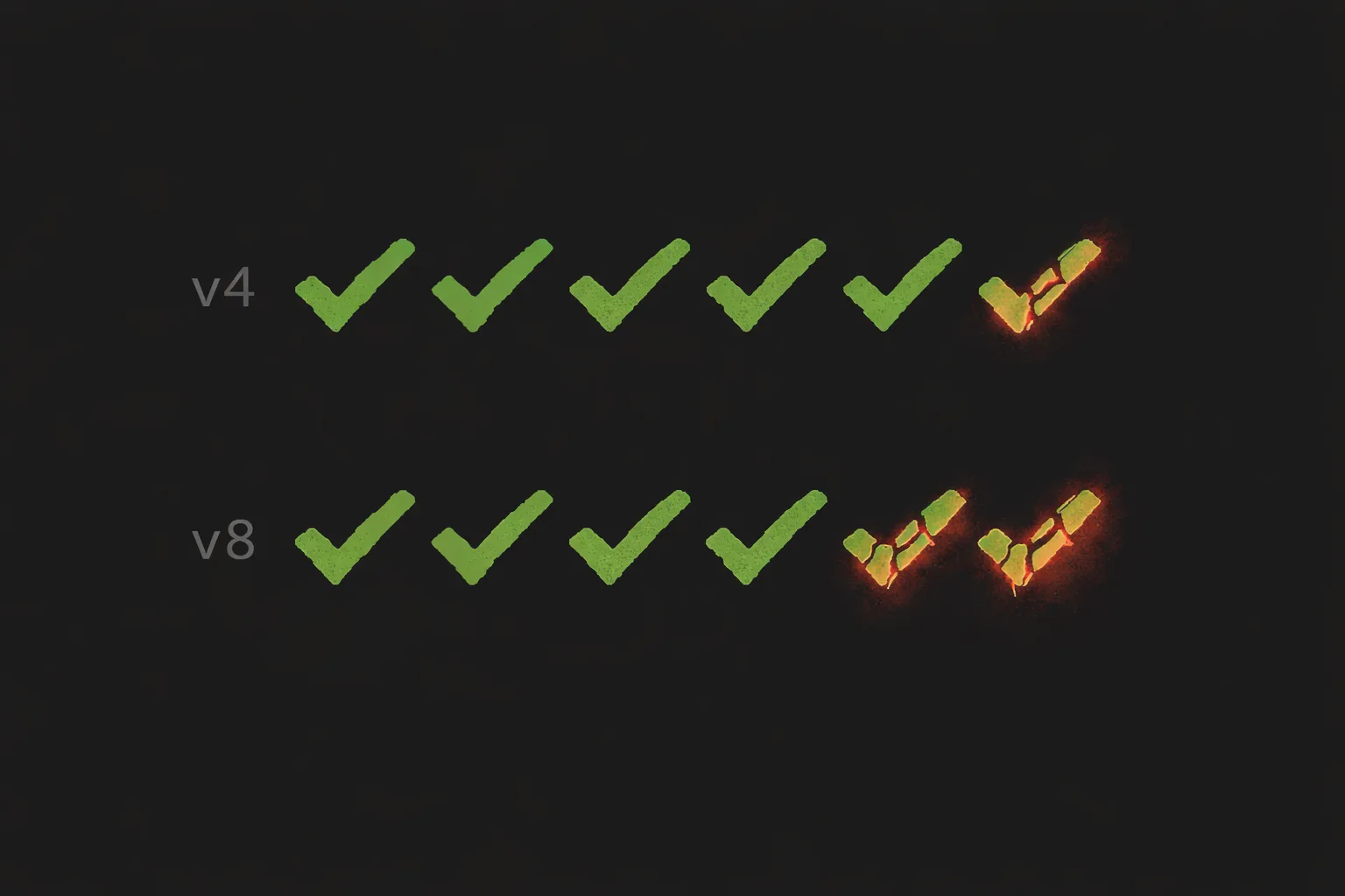 虚假声明对比：v4 有 5 个绿色对勾和 1 个破碎的红色对勾；v8 有 4 个绿色和 2 个破碎的红色