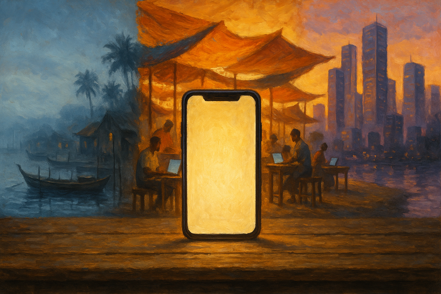 Cover — a hand holds a glowing smartphone against a landscape bridging a fishing village, an African market with laptops, and a modern skyline