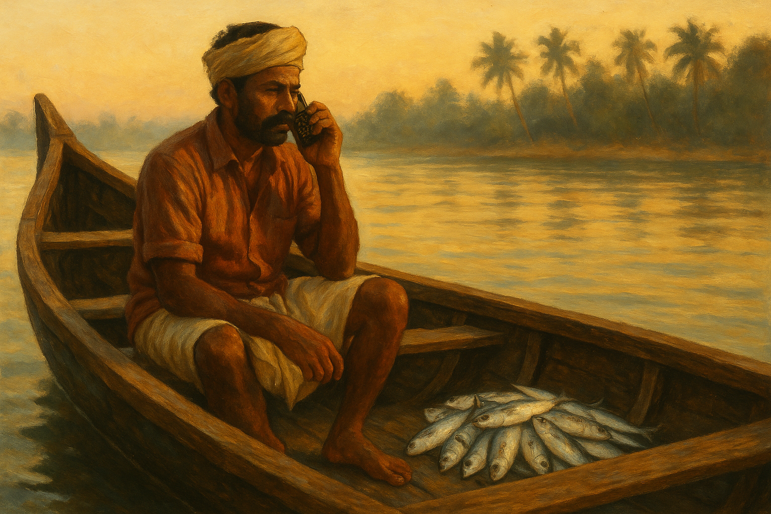 A Kerala fisherman standing in a wooden boat full of mackerel, phone pressed to his ear, dawn light on the water — the moment information access equalized a market