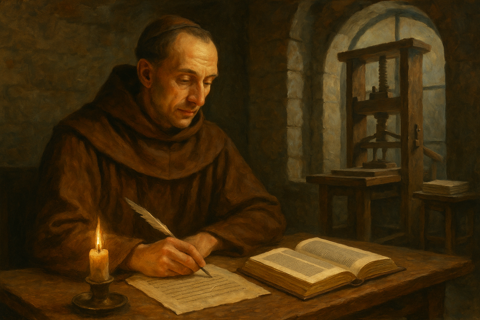 Abbot Trithemius at his desk — quill in one hand, a printed book in the other, while through the arched window behind him a printing press runs