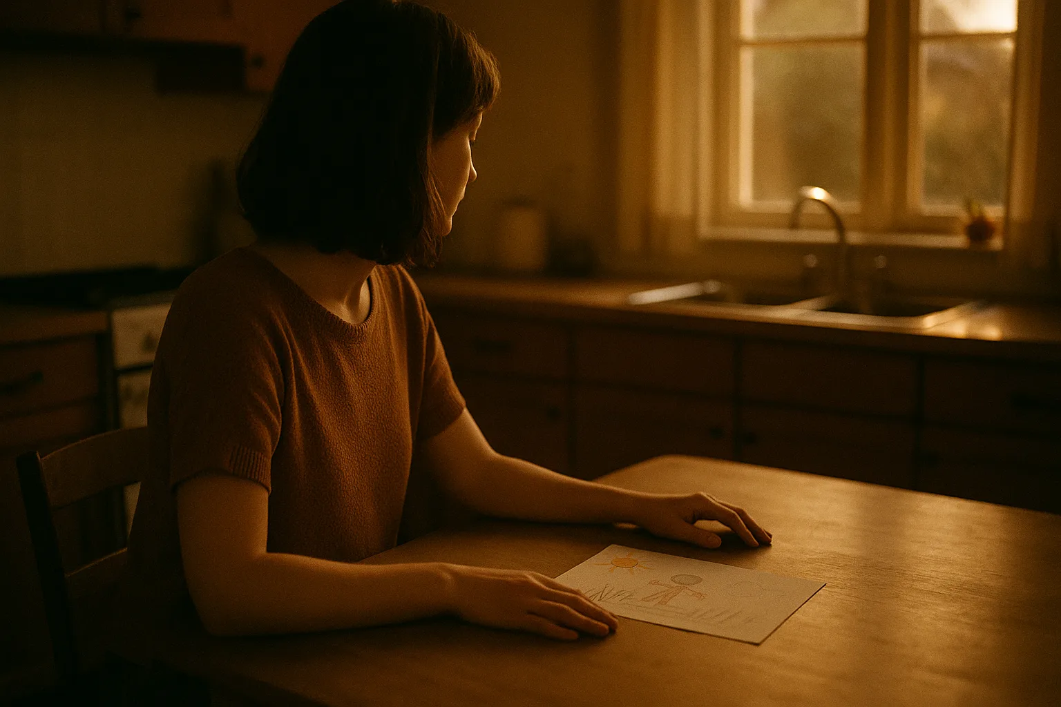 A woman sits alone at a kitchen table in warm evening light, a child's drawing on the surface in front of her.