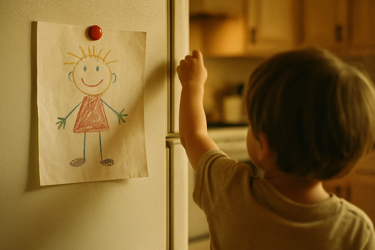A child, seen from behind, reaches up toward a crayon drawing pinned to a refrigerator door.