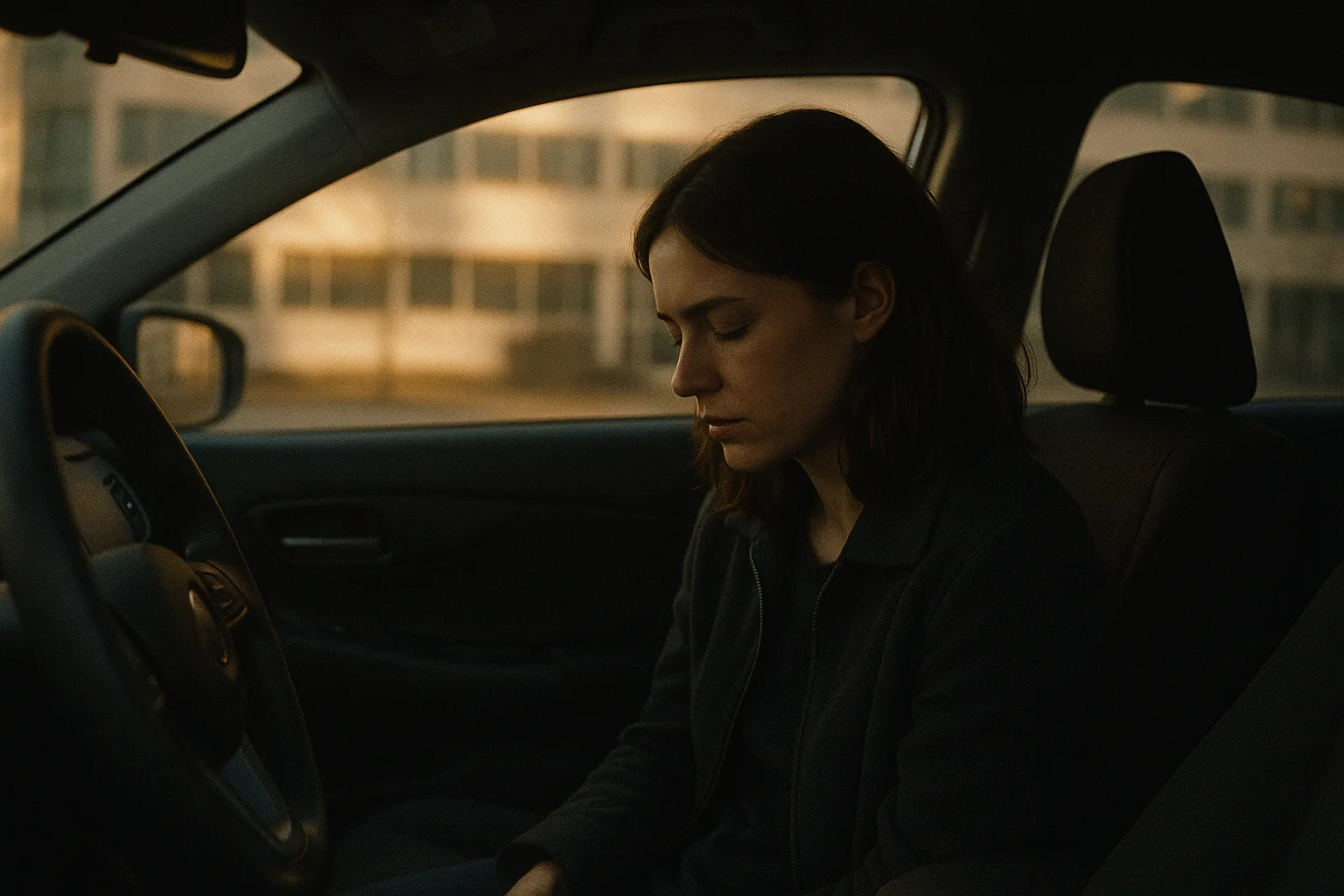 A young woman sits in a parked car, head slightly bowed, an office building blurred through the window behind her.
