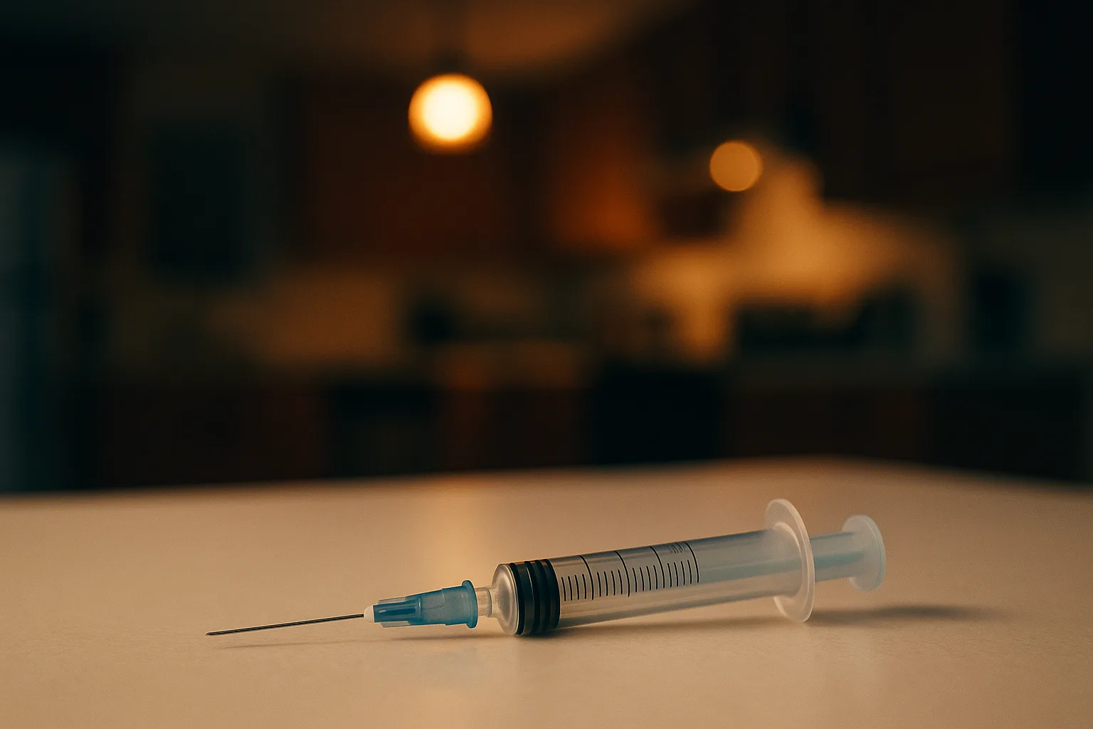 A medical syringe resting on a cream surface, the warm glow of a kitchen out of focus in the background.