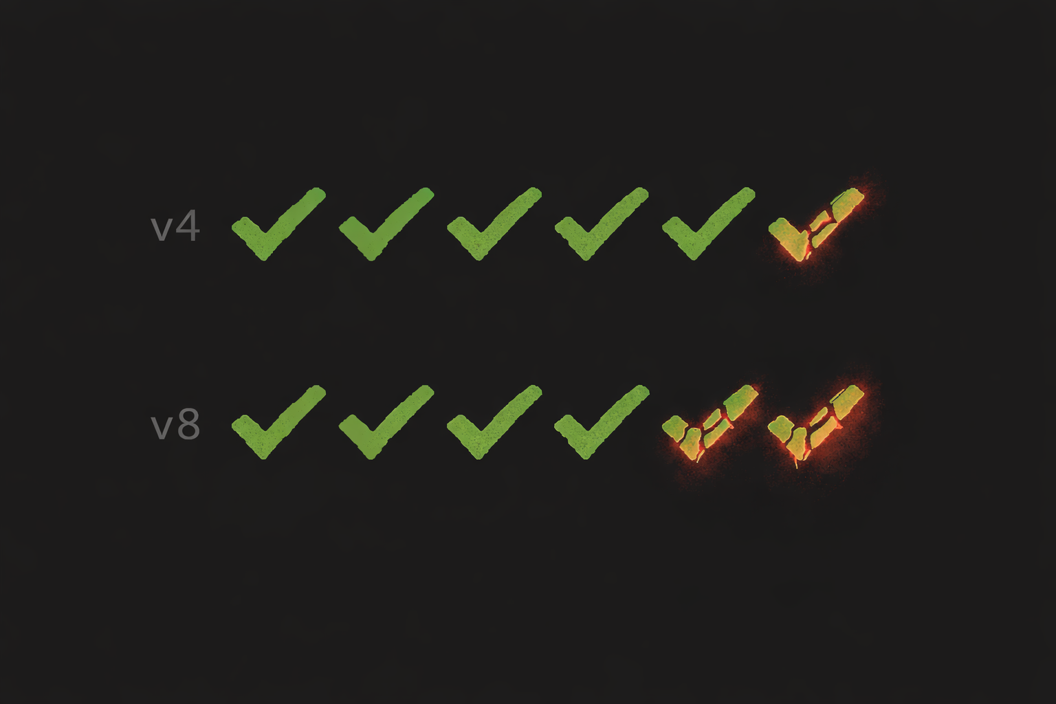 虚假声明对比：v4 有 5 个绿色对勾和 1 个破碎的红色对勾；v8 有 4 个绿色和 2 个破碎的红色