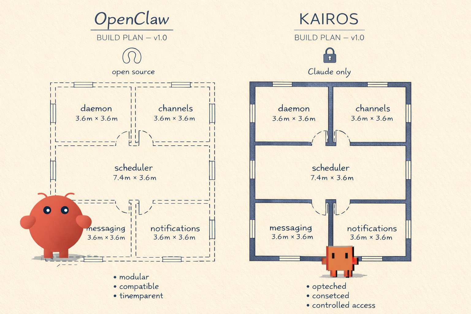 架构对比：OpenClaw（虚线墙，开源）和 KAIROS（实线墙，仅限 Claude）—— 同样的房间，不同的门禁