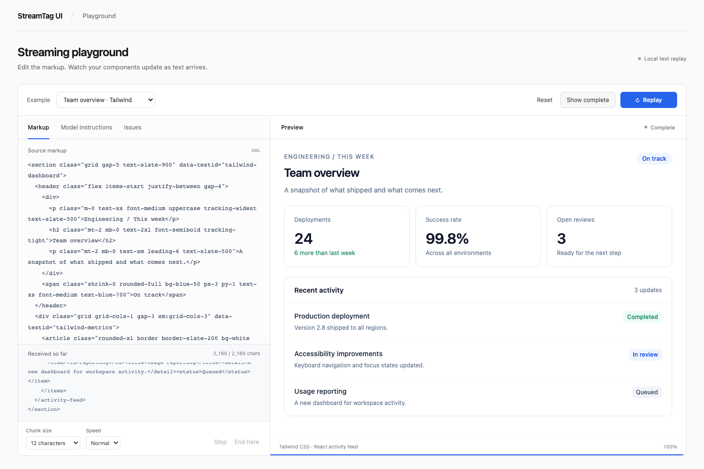 Tailwind example in the playground: responsive utility-class cards and a streaming React activity feed.