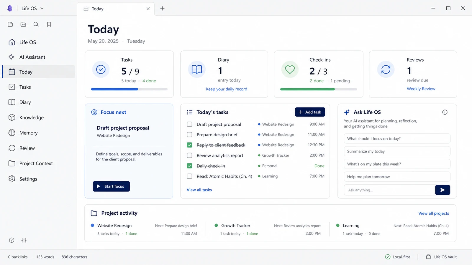 Life OS Today dashboard