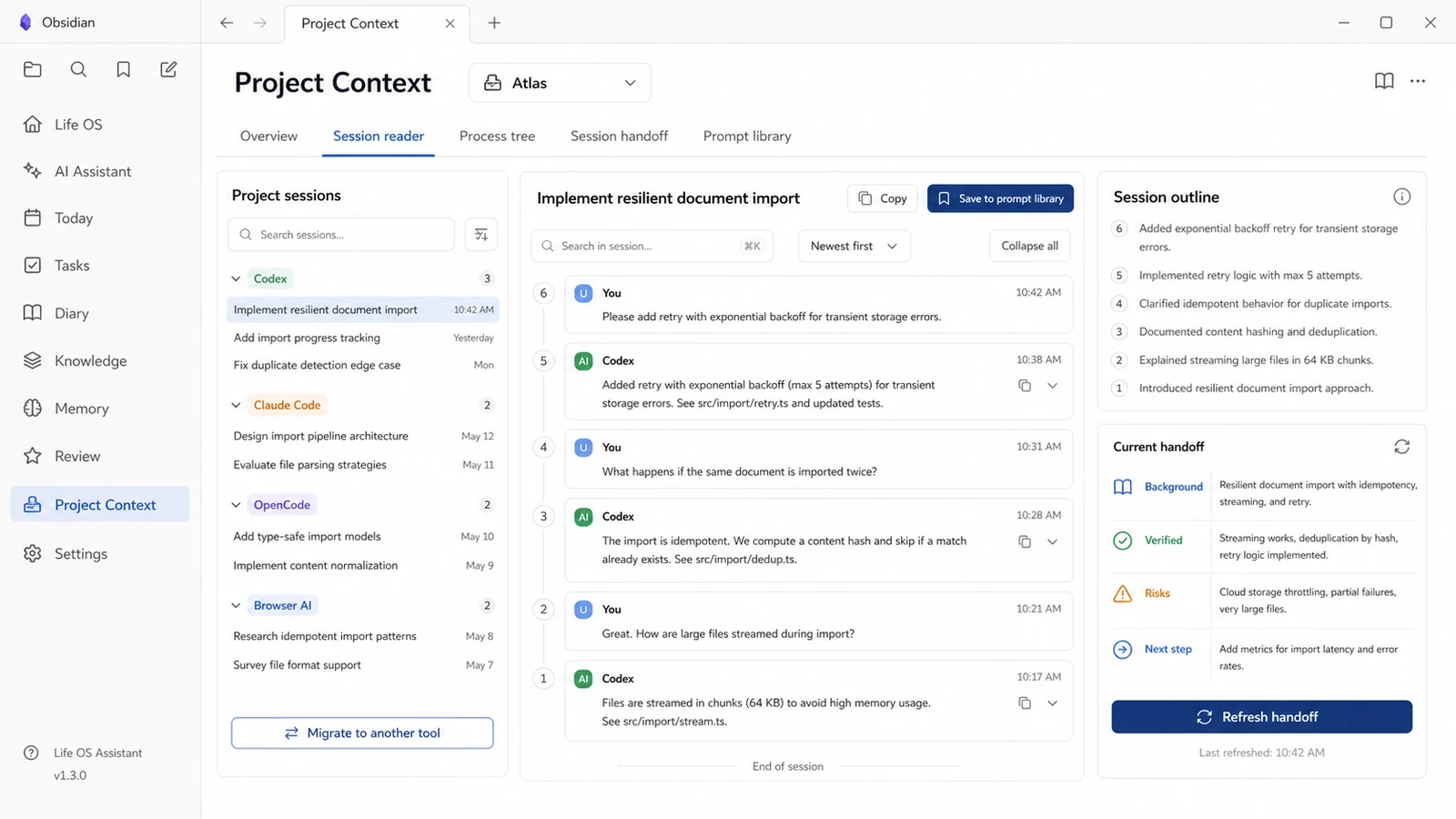 Life OS Project Context session reader and handoff
