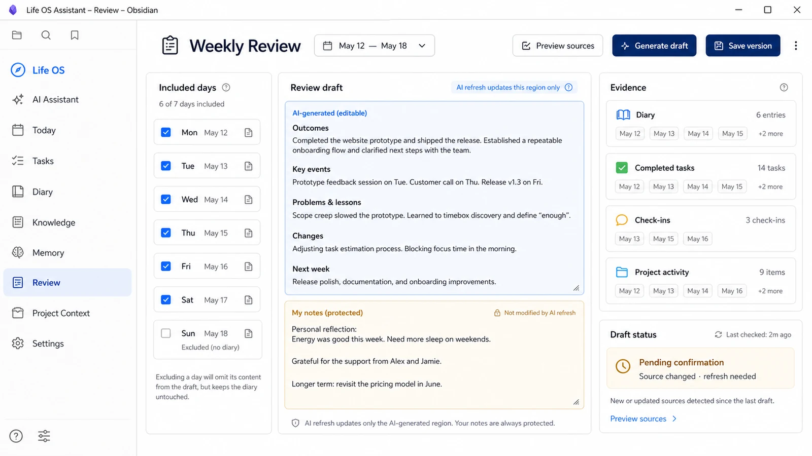Life OS weekly review workbench