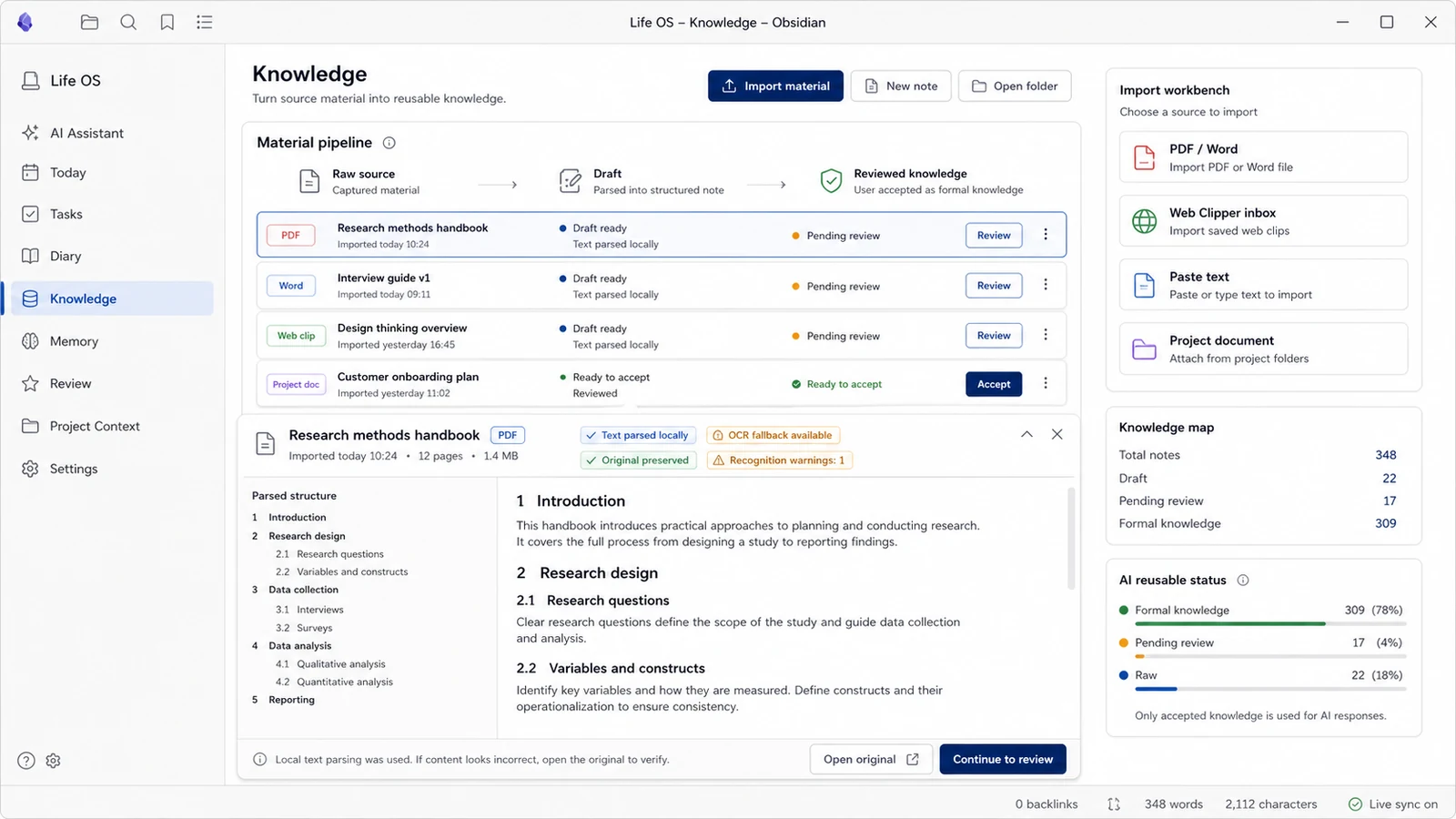 Life OS structured knowledge and document import