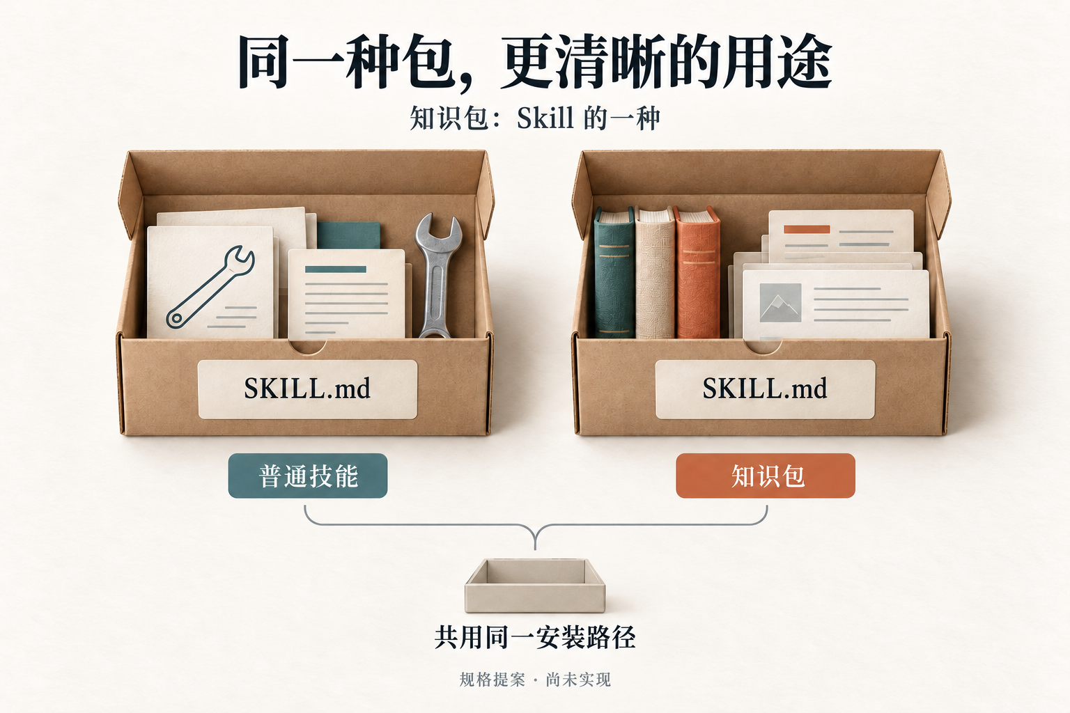知识包提案:共用 SKILL.md 包格式与安装路径,以分类区分用途,尚未实现。